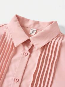 SHEIN 少女编织学院风荷叶边长袖衬衫 - 淺粉色 - 查看 3