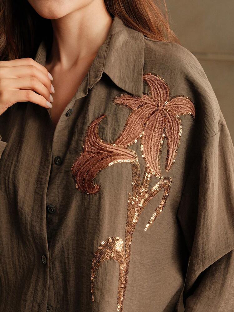 Women's Autumn Casual Loose Sequin Embroidered Long Sleeve Blouse Women Shirt