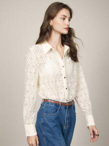 BizChic Women's Business Commuter Lace Sheer Blouse, Elegant Outfit For Christmas, New Year Party, Autumn/Winter