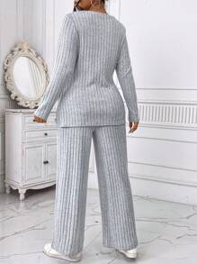 SHEIN 2pcs Plus Size Women Elegant Casual Commuter Comfortable Solid Crew Neck Long Sleeve Ribbed Knit Top And Wide Leg Pants Set