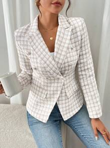 SHEIN Frenchy Women's Plaid Print Lapel Collar Long Sleeve Blazer - Apricot - View 3