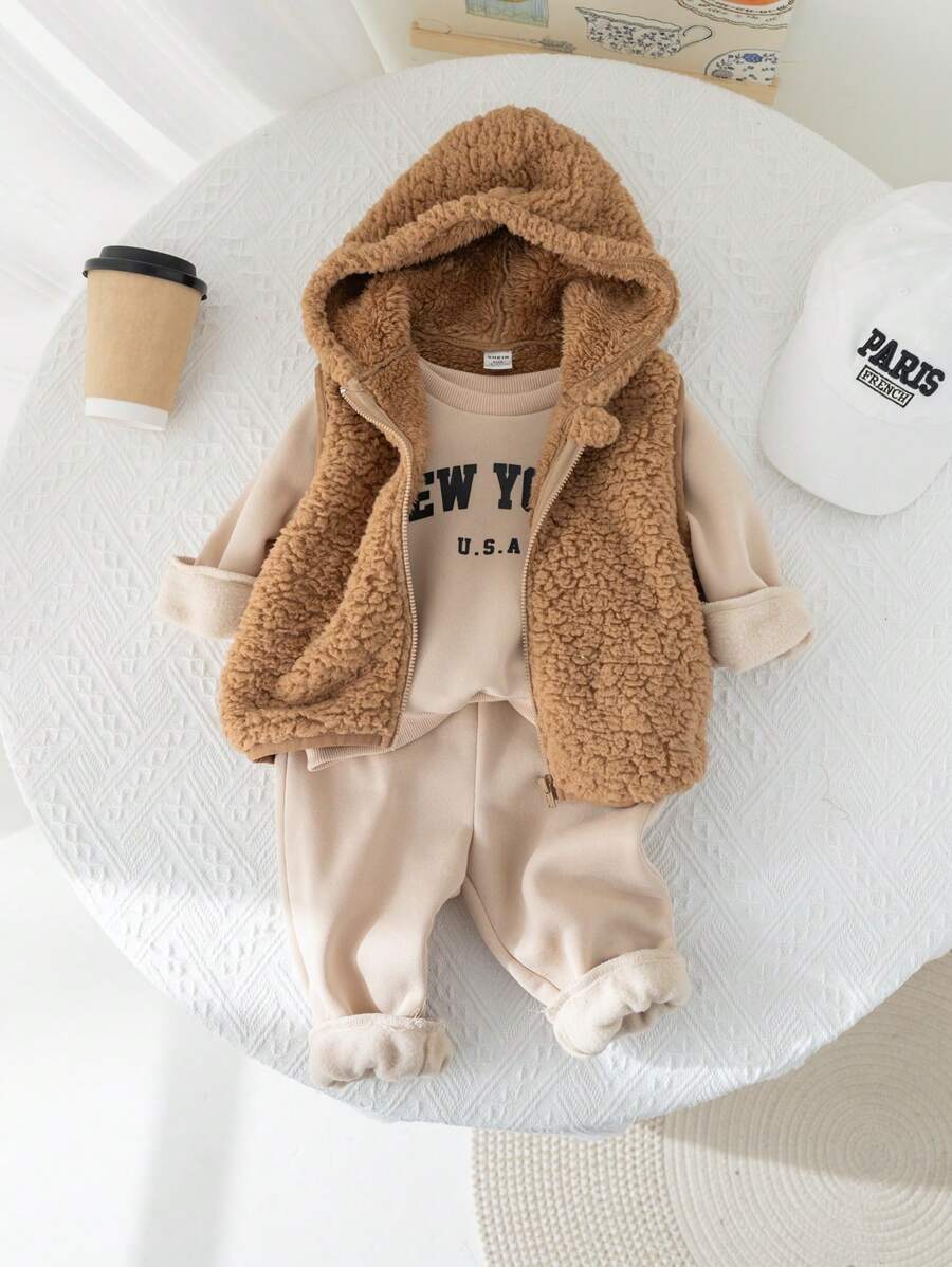 SHEIN Leap Crew Bộ 3 món/Bộ áo nỉ in chữ kaki dễ thương cho bé gái, quần dài và áo vest ấm áp mềm mại, mùa thu/đông - Màu Khaki - Xem 1