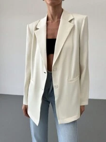 Aloruh Áo khoác blazer tay dài màu mơ phong cách Anh rộng rãi tối giản cho nữ - Màu be - Xem 9