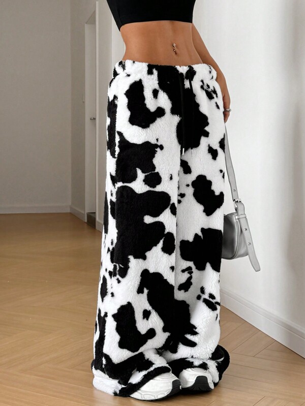 SHEIN EZwear Cow Print Plush Straight-Leg Pants, Casual Daily Wear