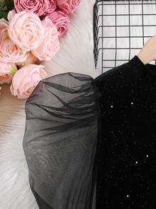 SHEIN Vestido casual justo com contraste de malha e manga gigot para meninas pré-adolescentes, macio e confortável