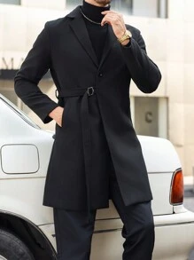 Manfinity Mode Áo khoác dài tay buộc dây màu trơn cho nam, túi tiện dụng, ve áo, tay dài, mùa thu đông - màu đen - Xem 1