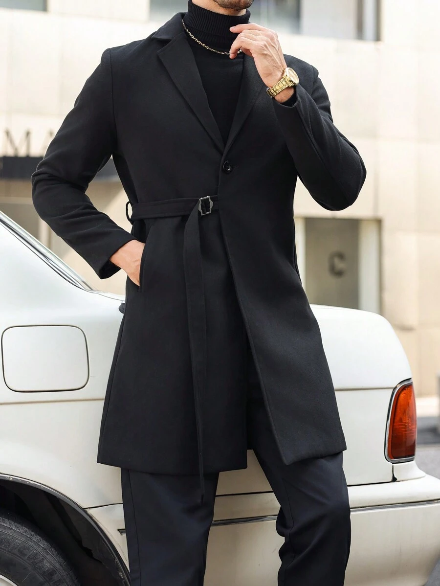 Manfinity Mode Áo khoác dài tay buộc dây màu trơn cho nam, túi tiện dụng, ve áo, tay dài, mùa thu đông - màu đen - Xem 1