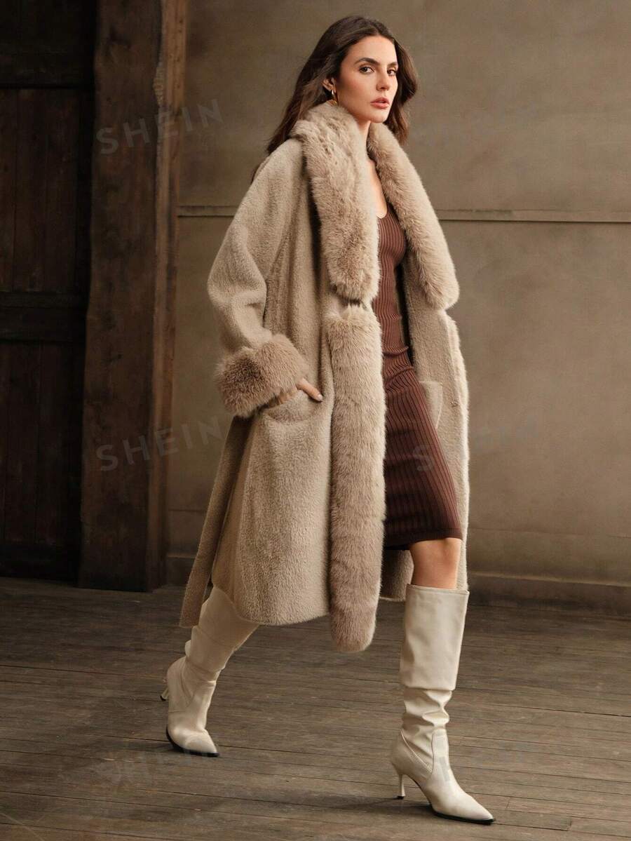 Anewsta Women's MidLength Faux Fur Coat With Belt SHEIN USA