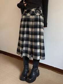 DAZY Damen Metalldekor Schwarz Karomuster Rock, Lässig & Alltäglicher Trage für Herbst,Winter - Schwarz und Weiss - Übersicht 1