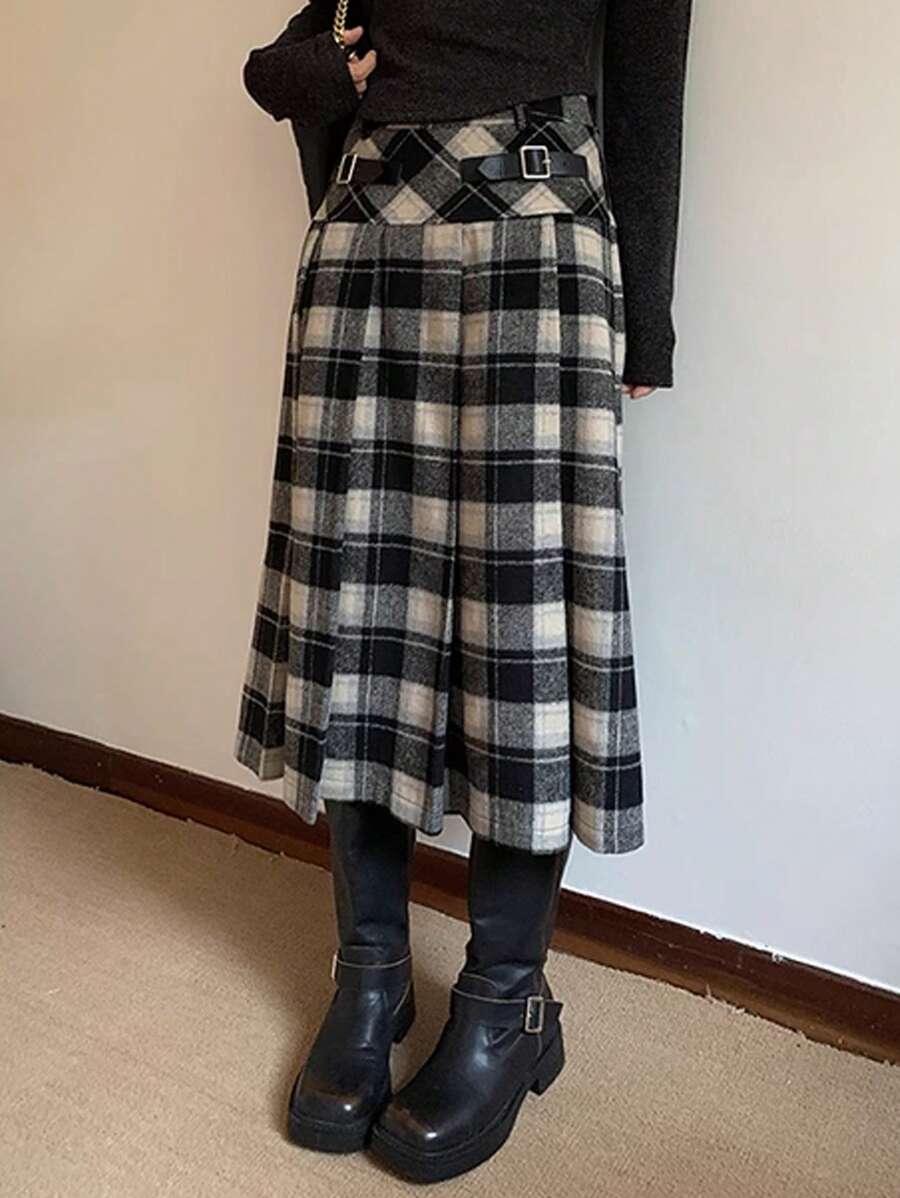 DAZY Damen Metalldekor Schwarz Karomuster Rock, Lässig & Alltäglicher Trage für Herbst,Winter - Schwarz und Weiss - Übersicht 1