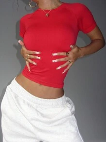 Core Rhythm Áo thun thể thao tay raglan trơn màu dành cho nữ - Đỏ - Xem 4