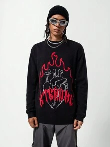 SHEIN Teen Boys' Flame Pattern Knit Sweater With Crew Neck Design