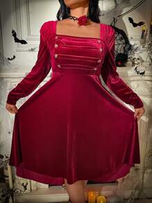 Flirla Halloween Plus Size Women Elegant Long Sleeve Button Decor Square Collar Palace Style Fall Dress - Burgundy - View 4