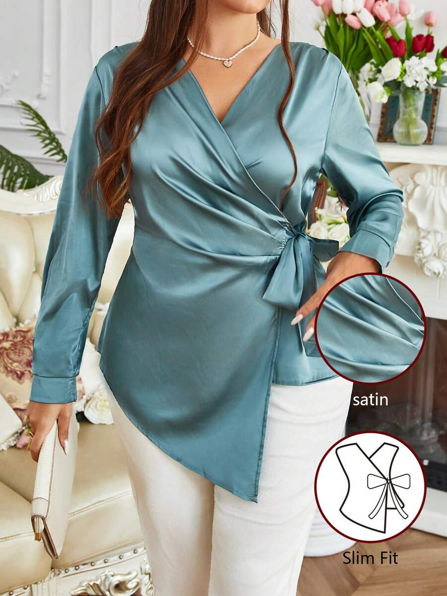 SHEIN Unity Plus Size Women's Solid Color V-Neck Twist Side Waist Long Sleeve Blouse, Spring Summer - Green - View 1