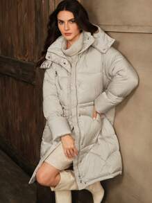Anewsta Women's Medium-Long Loose Fit Korean Style Solid Color Hooded Padded Coat - Apricot - View 7