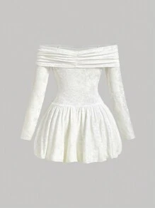 SHEIN MOD Vestido burbuja de manga larga con hombros descubiertos, moño y terciopelo blanco, estilo retro y dulce, para mujer de talla grande, vestido de otoño-invierno