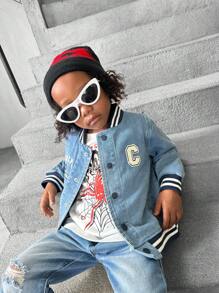1 set Chaqueta de béisbol casual de mezclilla para niños, diseño bordado, uso diario