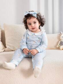 Baby Girl Elegant Tropical Balloon Pattern Collared Jumpsuit - Blue and White - View 6
