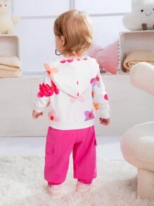 女婴花卉印花连帽运动衫和纯色工装裤套装