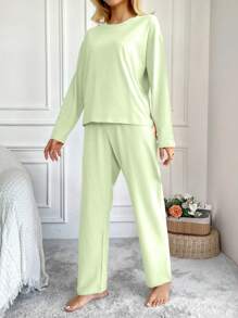 RueChic Women's Solid Color Crew Neck Long Sleeve Pajama Set - Mint Green - View 3