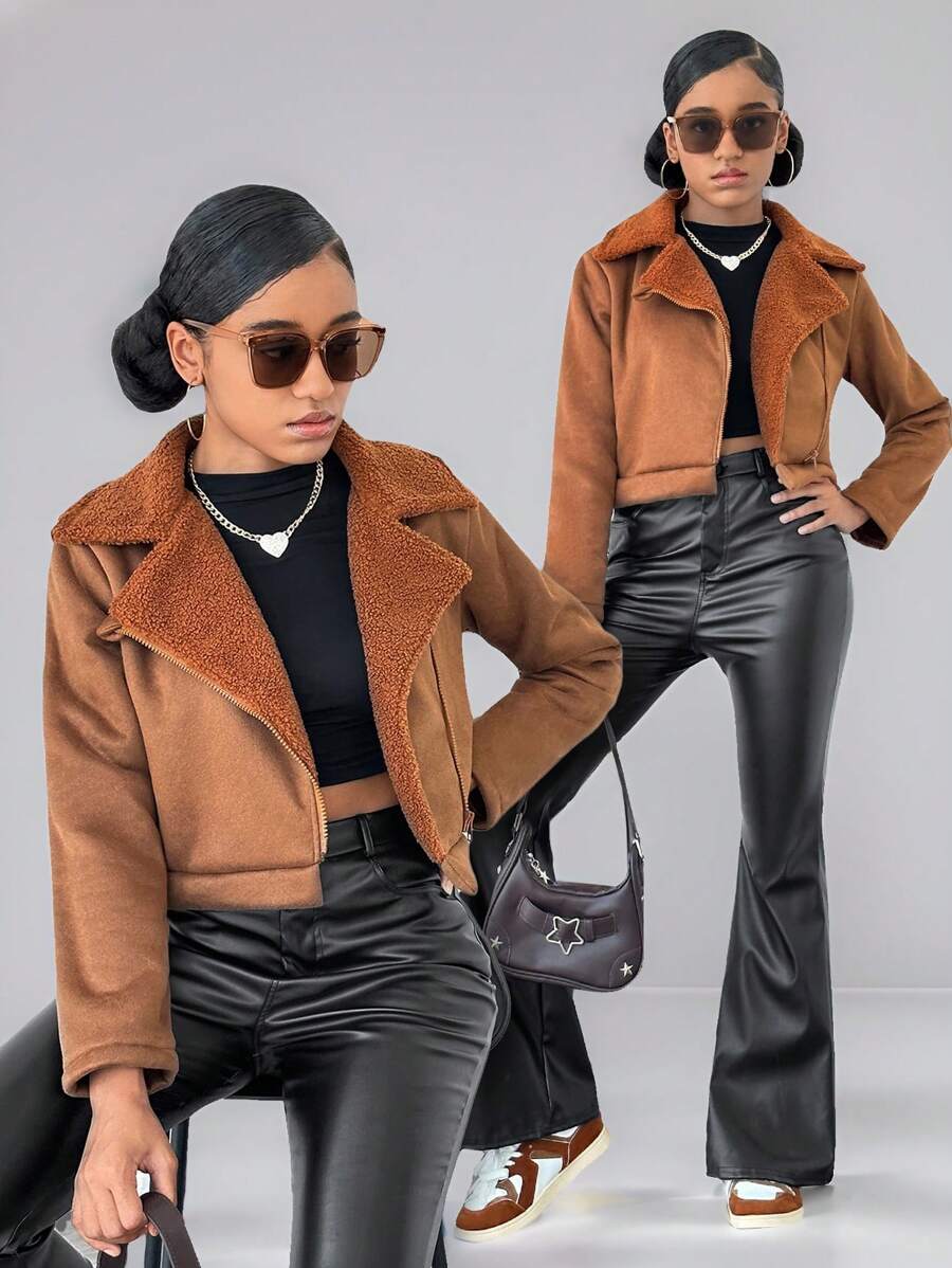 Teenage Girls American Casual Jacket, Warm Faux Suede Lapel Plush Lining - Camel - View 1