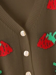 Flirla Women's Autumn/Winter Strawberry Pattern Long Sleeve Short Casual Cardigan
