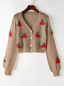 SHEIN Unity 女士秋冬草莓图案长袖短款休闲开衫 - 卡其色 - 查看 1