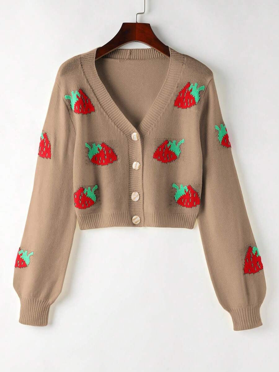 SHEIN Unity 女士秋冬草莓图案长袖短款休闲开衫 - 卡其色 - 查看 1