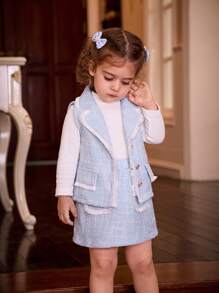 SHEIN Baby Girls' Turtleneck Long Sleeve Top, Sleeveless Vest And Skirt Set, Fall/Winter 2024 New Arrival, Elegant, Fashionable, Comfortable And Cute - Blue - View 10