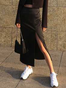 DAZY Women's Slit-Up-To-Thigh Long Skirt - Black - View 1