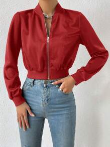 SHEIN EZwear Spring ClothesSolid Zip Up Crop Bomber Jacket In Fall/Winter - Red - View 5