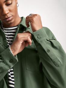 Manfinity VCAY Men's Loose Woven Long Sleeve Shacket, For Fall Winter - Green - View 6