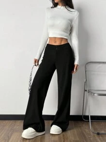 SHEIN EZwear 黑色针织女宽腿宽松休闲裤 - 黑色 - 查看 3