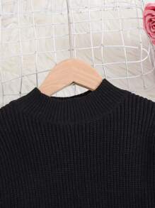 Tween 女童舒适纯黑色长袖毛衣连衣裙圆领针织连衣裙，时尚优雅假日套头衫，秋冬 - 黑色 - 查看 4