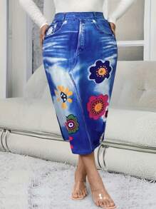 SHEIN LUNE Váy denim in họa tiết hoa cỡ lớn cho nữ - Màu xanh lam - Xem 3