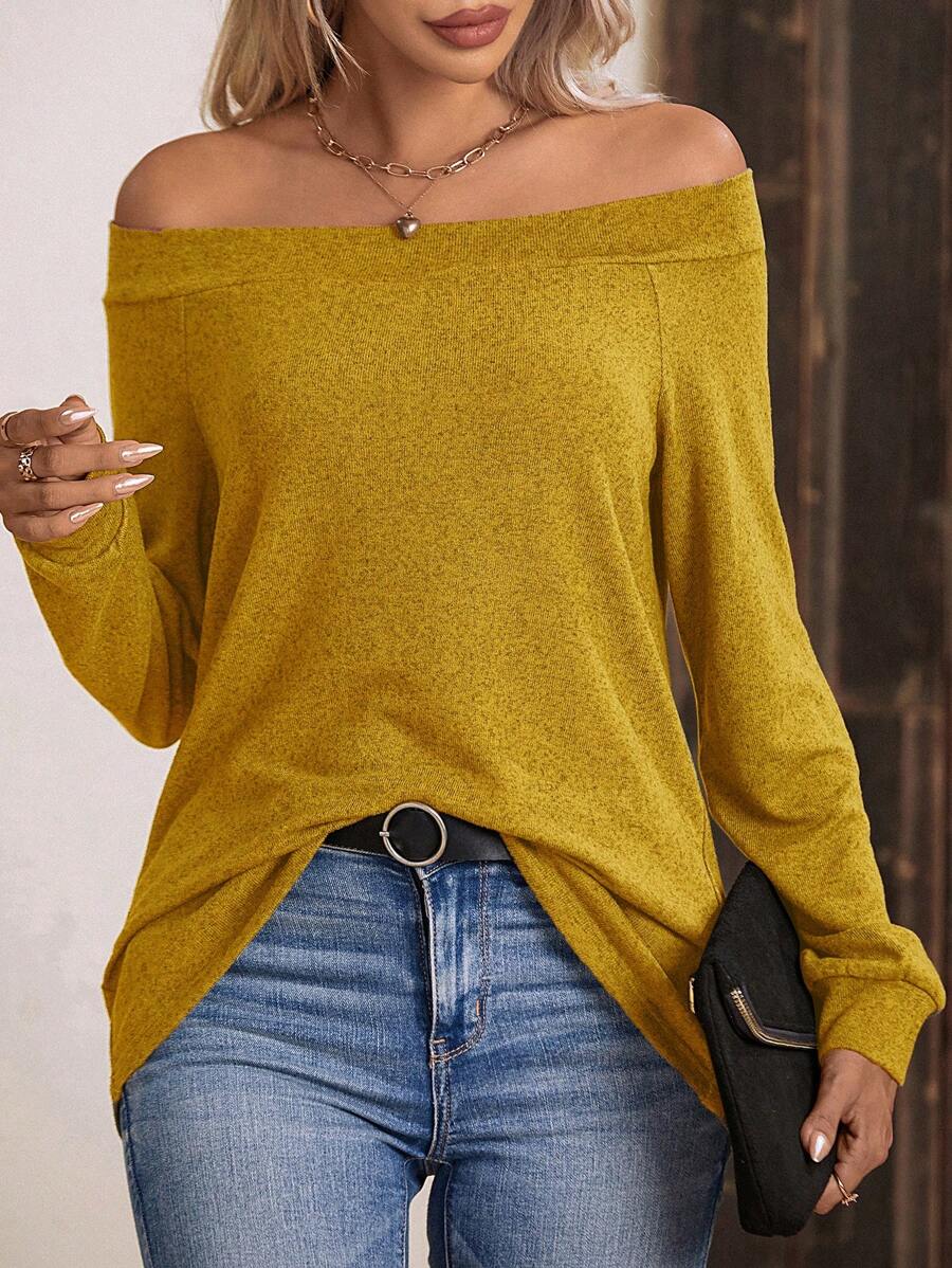 SHEIN LUNE 女士纯色露肩插肩袖休闲 T 恤，春秋季 - 黃色 - 查看 1