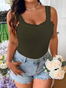 Flirla 大码女式夏季纯色撞色蕾丝圆领修身背心 - 軍綠色 - 查看 6