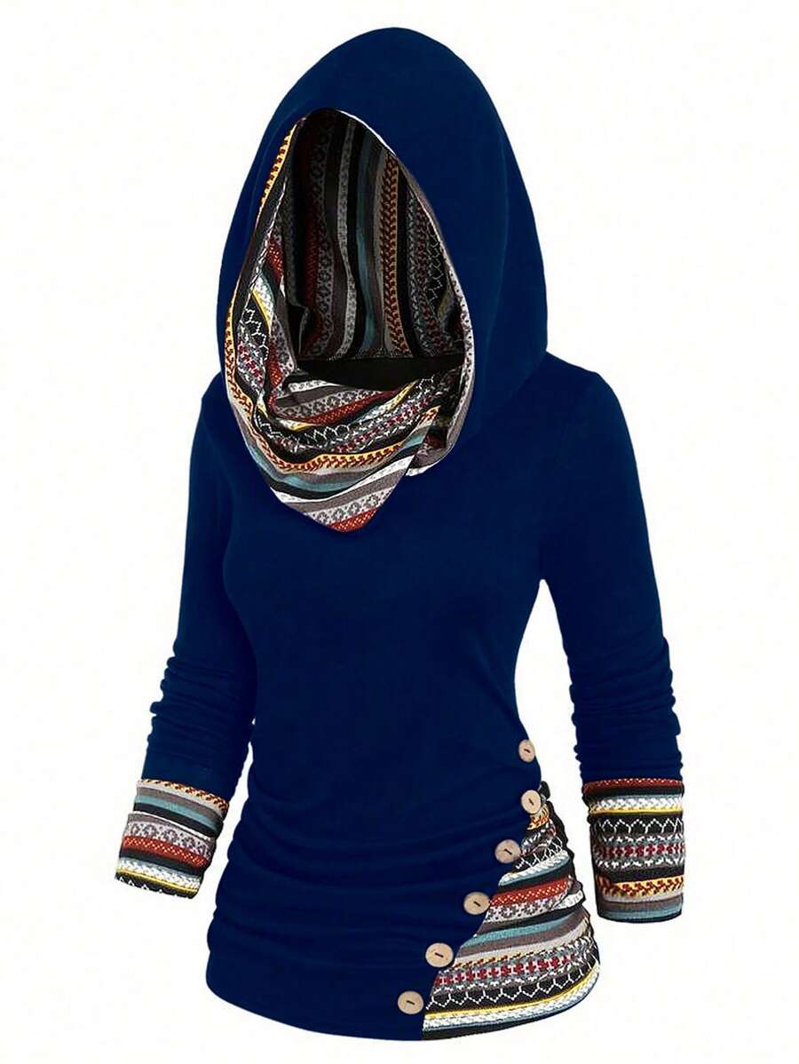 EMERY ROSE Plus Size Casual Patchwork Geometric Print Button Decorated Hooded T-Shirt, Autumn Graphic Tees Women Tops Fall Cloth For Women - Navy Blue - View 1