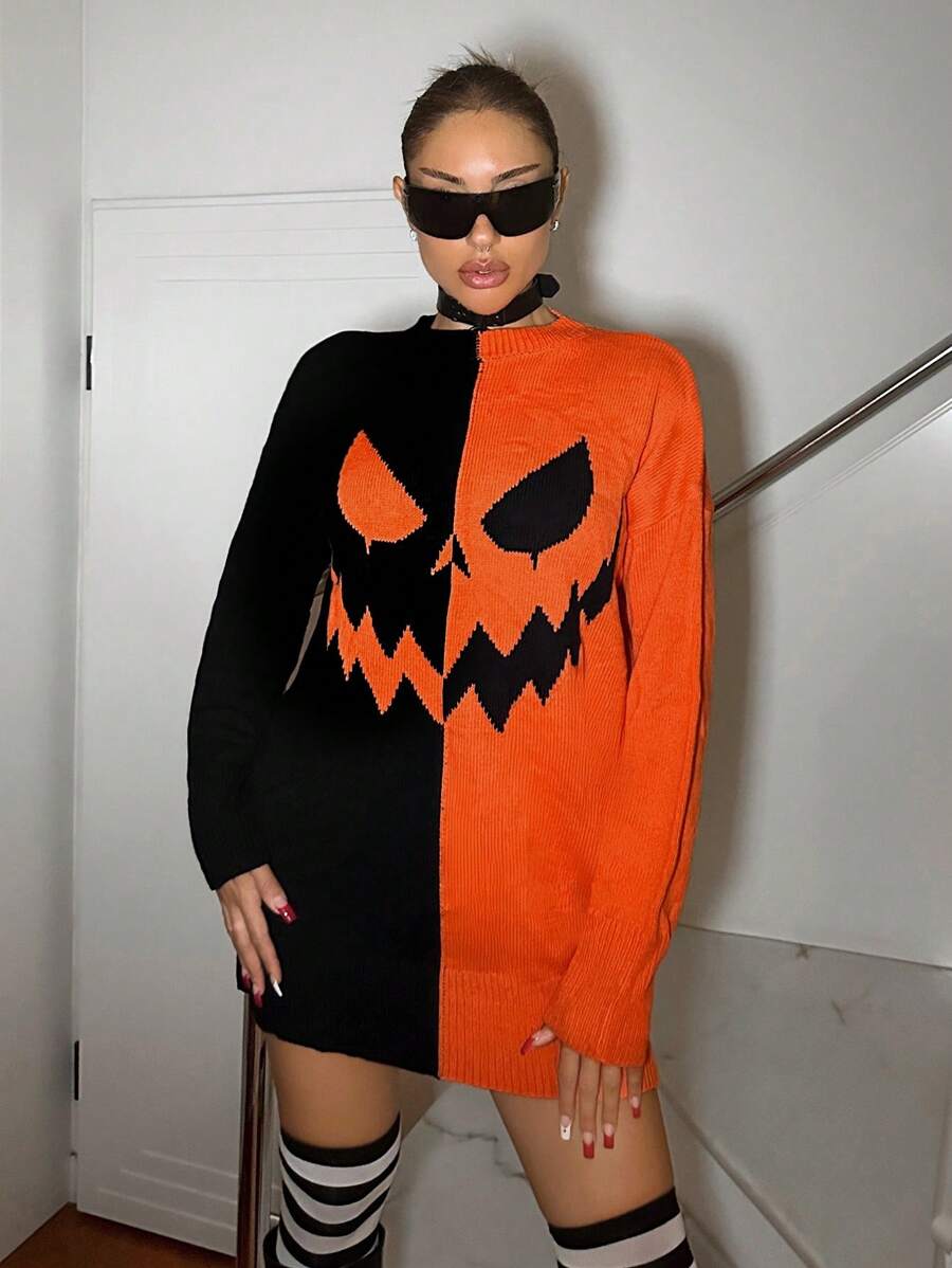 SHEIN ICON Suéter de hombros caídos con estampado de calabaza, otoño - Multicolor - Ver 1