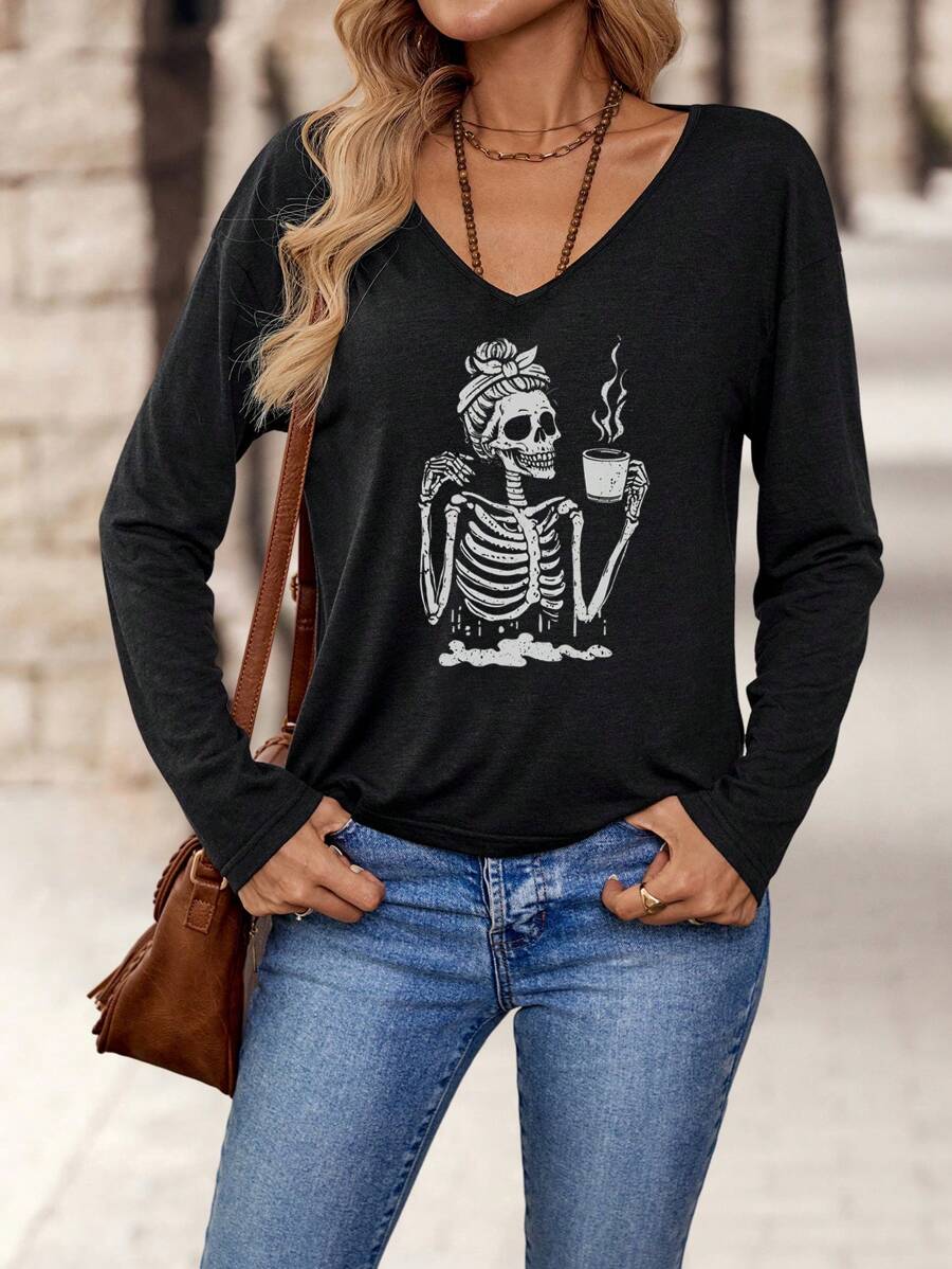 EMERY ROSE Women's Casual Minimalist Skull & Coffee Print V-Neck Long Sleeve T-Shirt, Suitable For Autumn/Winter Halloween - Black - View 1