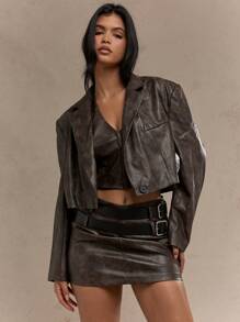 MISSGUIDED Cropped Faux Leather Blazer Motorcycle Style Double Belt Waist Fall Winter Fashion Statement Outerwear Edgy Distressed Slim Fit Modern Design - Brown - View 1