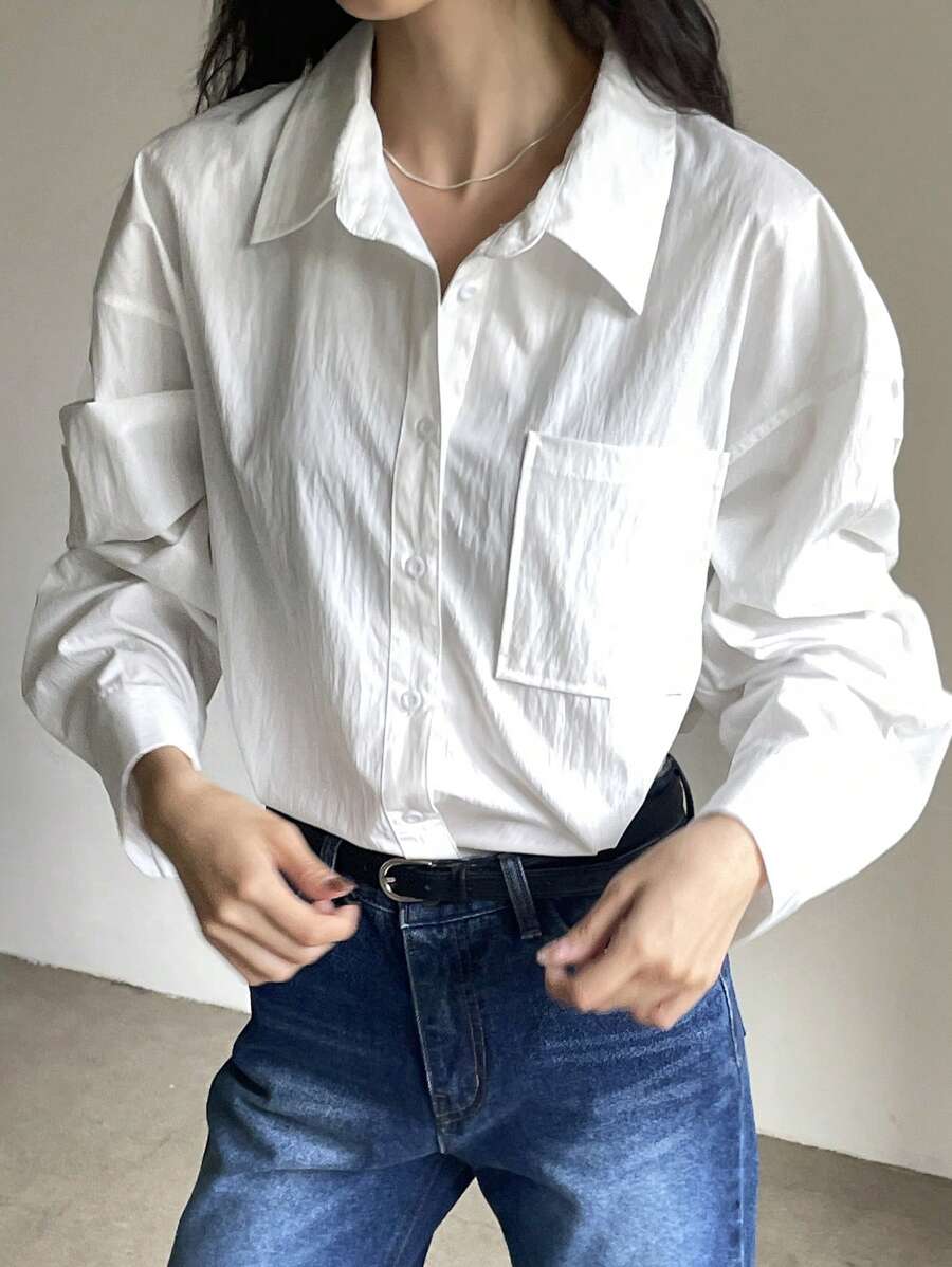 DAZY Áo sơ mi công sở tay dài màu trơn rộng rãi thoải mái cho nữ - trắng - Xem 1