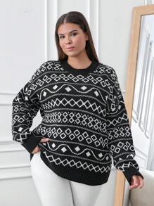 RueChic Plus Relaxed Fit Winter Jacquard Sweater - Black and White - View 3
