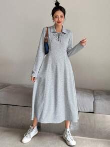 DAZY Robe décontractée à manches longues et à nouer de couleur unie pour femmes, robe de vêtements d'automne - Gris - Voir 5