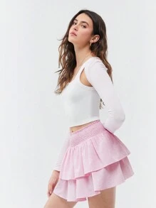 Muchica 女士格子时尚休闲粉色荷叶边下摆半身裙 - 粉色 - 查看 4