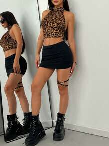 EgrlEra Women's Halter Neck Tied Back Leopard Print Tank Top, Casual Beach/Holiday Graphic Cheetah Print Tees Women Tops - Brown - View 4