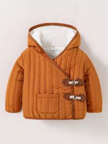 SHEIN 男婴拉链保暖内衬连帽羽绒服，适合冬季、秋季穿着 - 棕色 - 查看 7