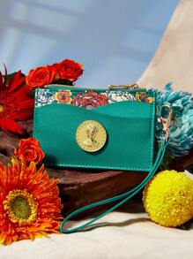 Frida Kahlo X SHEIN 经典花卉印花拉链卡夹礼品 - 綠色 - 查看 2