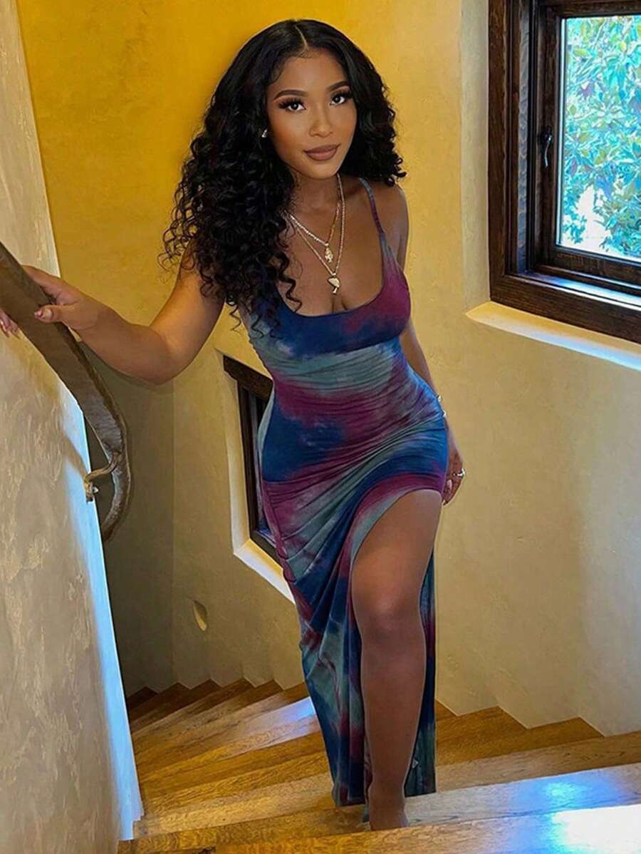 SHEIN Slayr Phụ nữ Tie-Dye In Side Slit Hem Trang bị Dây đeo Spaghetti Váy mini sành điệu - Nhiều màu - Xem 1
