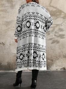 SHEIN LUNE Plus Size Women's Geometric Pattern Long Sleeve Long Casual Open Cardigan, Autumn Winter Fall Cloth For Women
